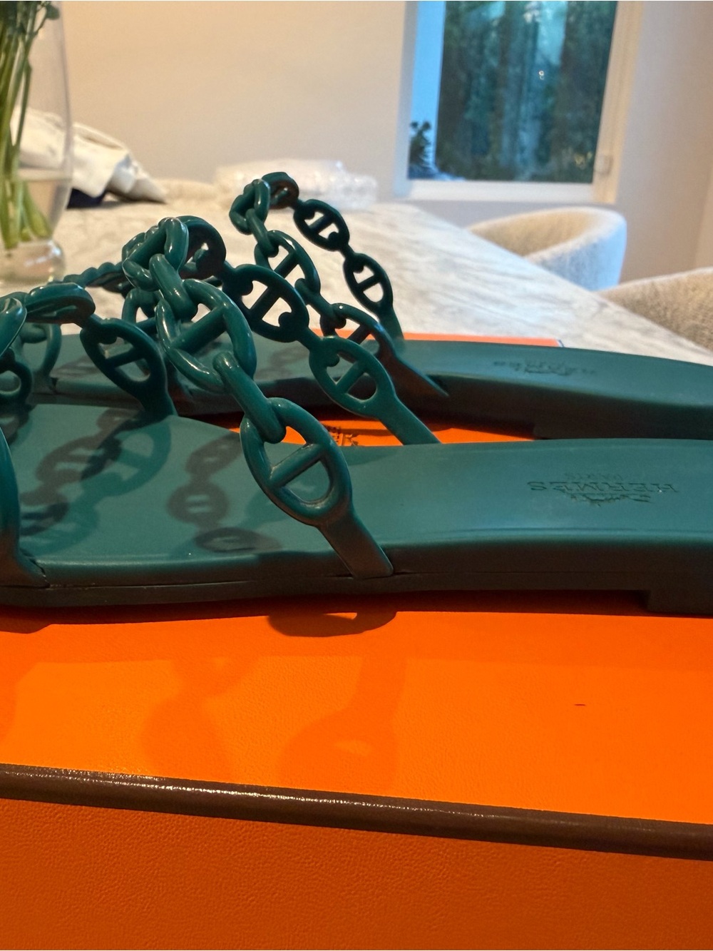 Hermès Rivage Teal Chain Strap Slides 37 - Picture 5 of 11